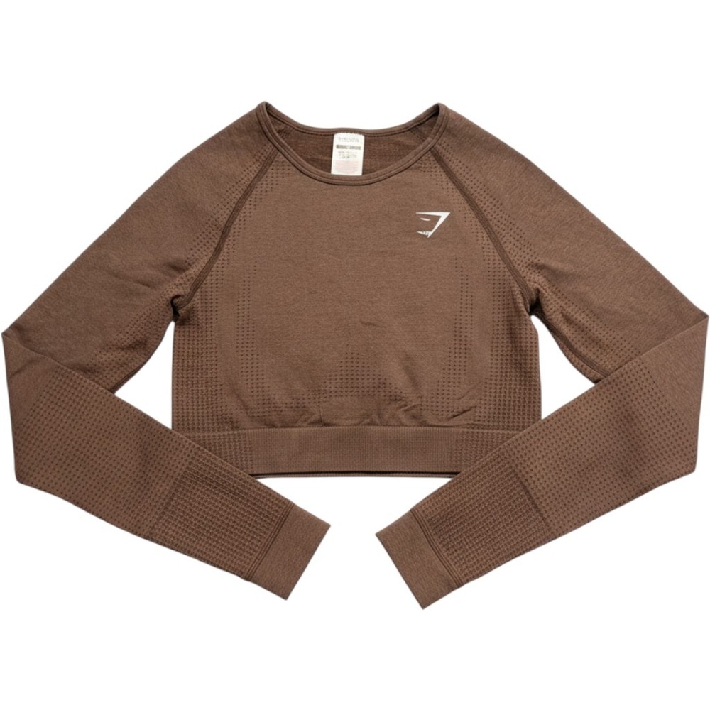 Gymshark Vital Seamless 2.0 Long Sleeve Crop Top Brown Marl Medium Running